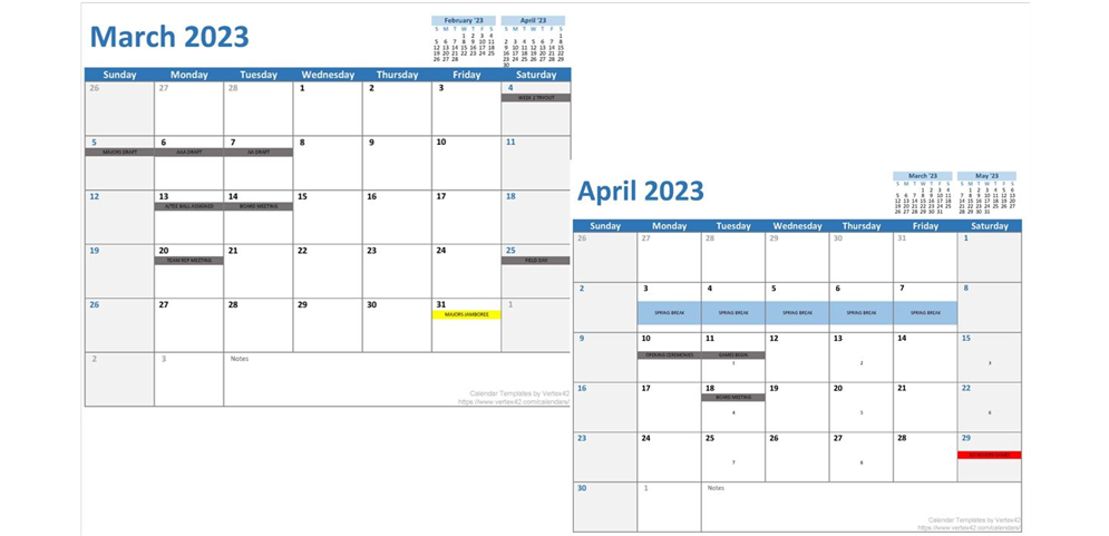 2023 League Calendar March & April