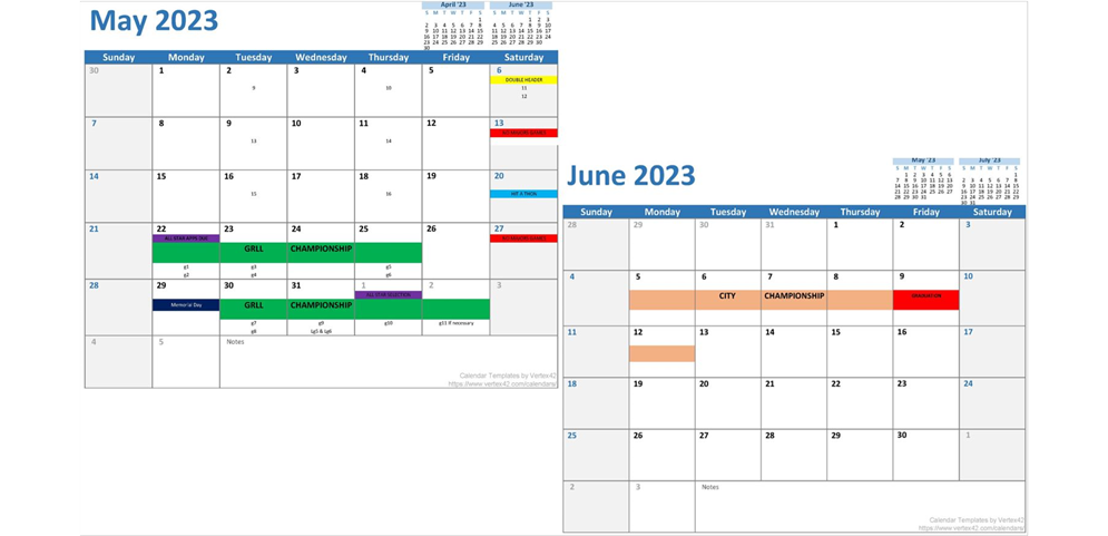 2023 League Calendar May & June